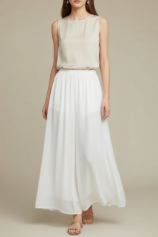 Pantalon Chinois Blanc Chiffon Ample Fluide Femme - Polyester