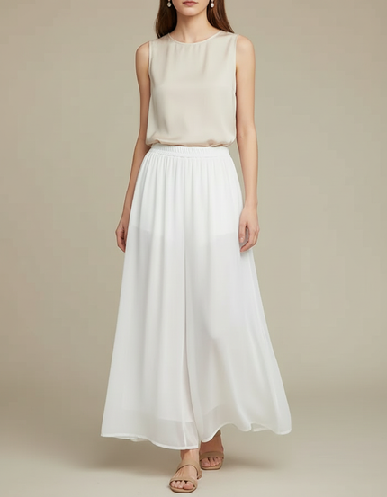 Pantalon Chinois Blanc Chiffon Ample Fluide Femme - Polyester
