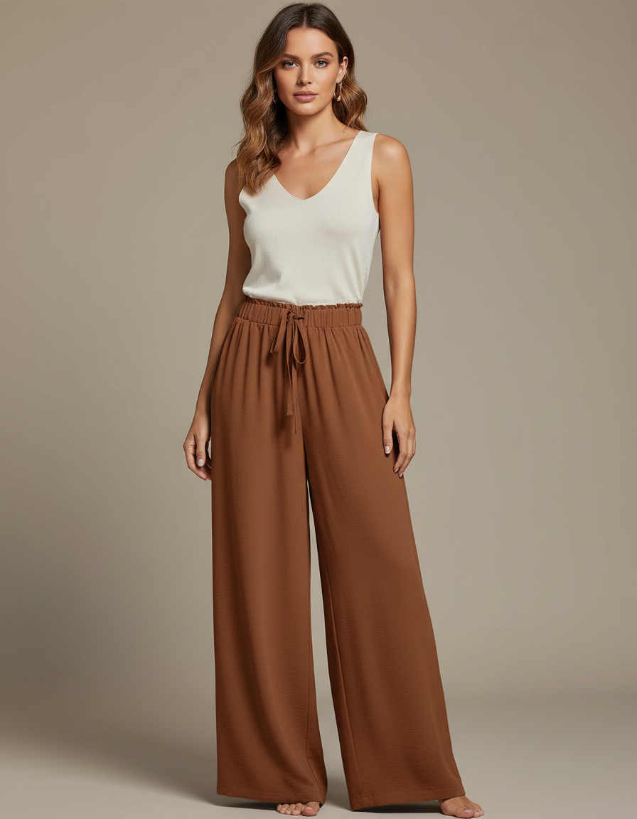 Pantalon Chinois Marron Ample Fluide Cordon Décontracté - Viscose