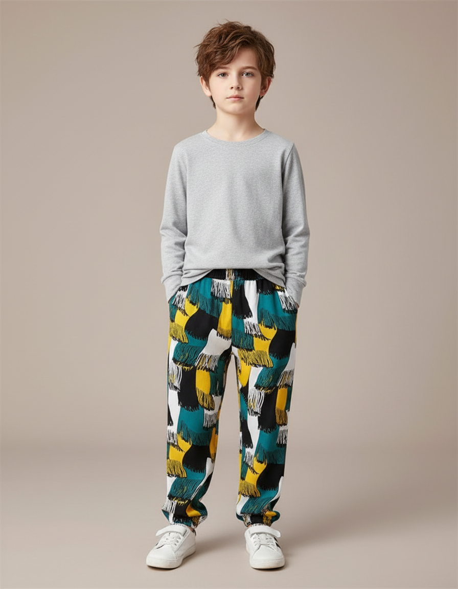 Pantalon Chinois Imprimé Abstrait Fluide Ample Garçon - Multicolore Viscose