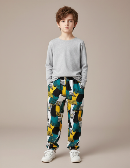 Pantalon Chinois Imprimé Abstrait Fluide Ample Garçon - Multicolore Viscose