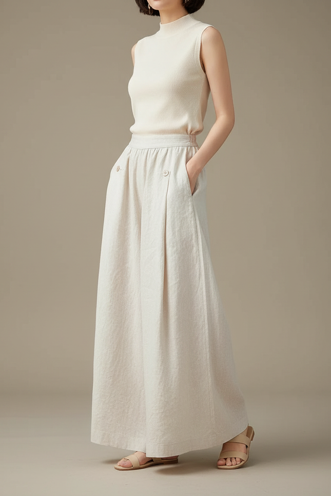 Pantalon Chinois Beige Ample Lin Décontracté Fluide Femme