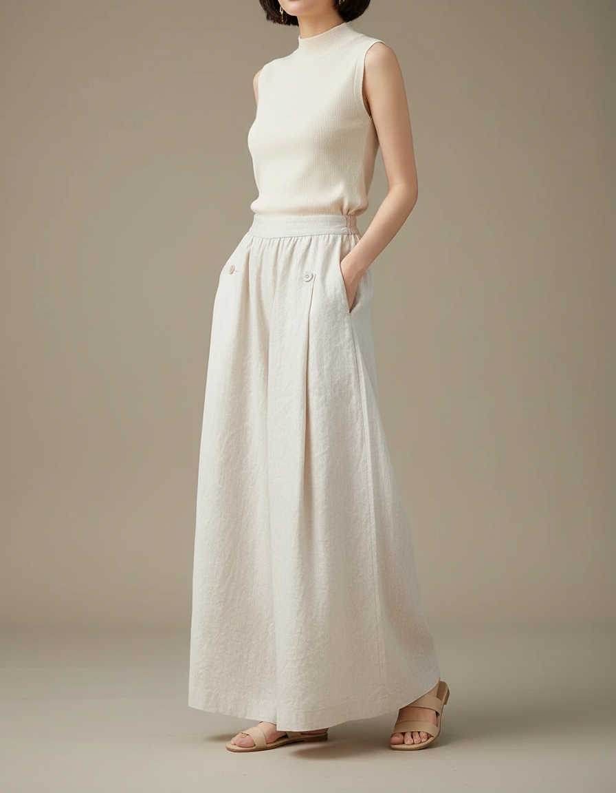 Pantalon Chinois Beige Ample Lin Décontracté Fluide Femme