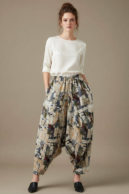 Pantalon Chinois Harem Imprimé Lin Coton Ample Rétro