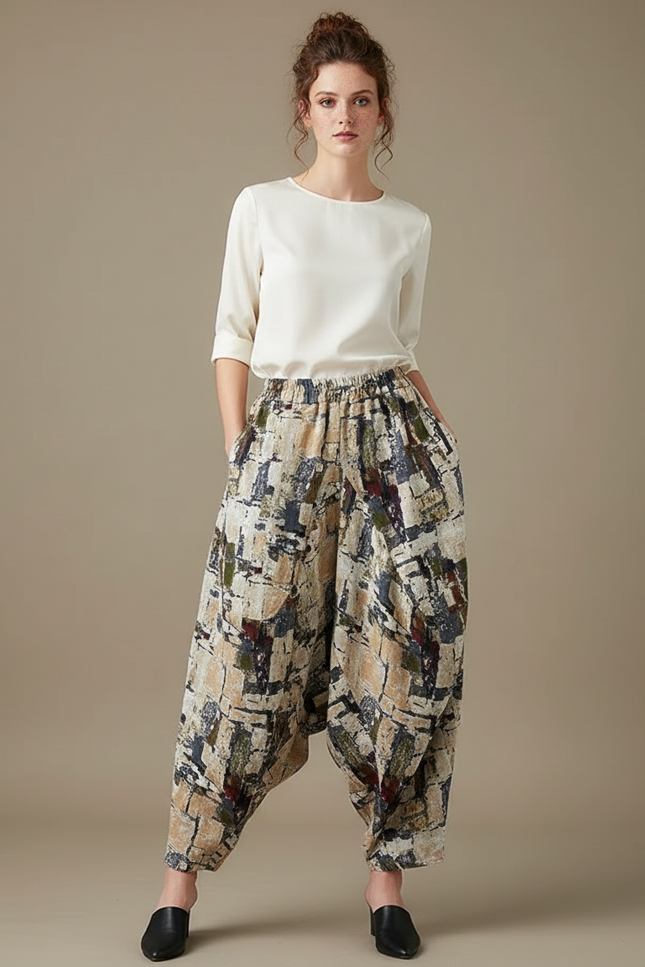 Pantalon Chinois Harem Imprimé Lin Coton Ample Rétro