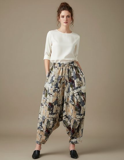 Pantalon Chinois Harem Imprimé Lin Coton Ample Rétro