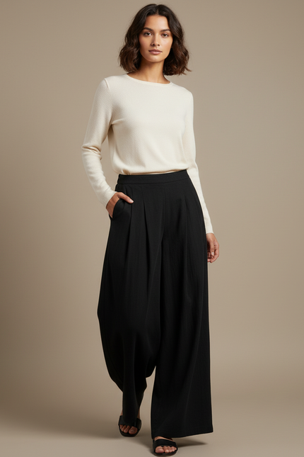 Pantalon Chinois Noir Ample Plissé Décontracté Fluide - Viscose