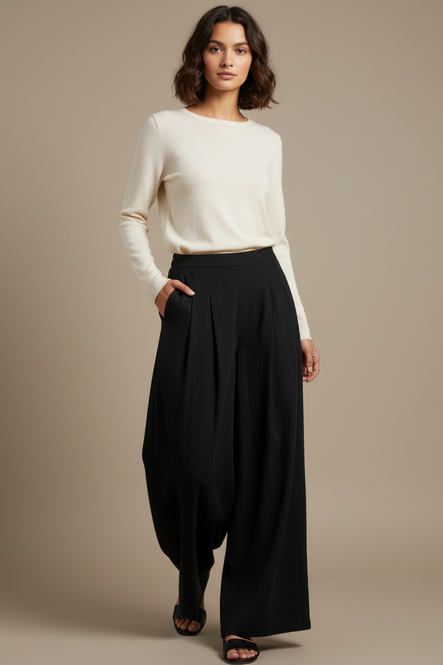 Pantalon Chinois Noir Ample Plissé Décontracté Fluide - Viscose