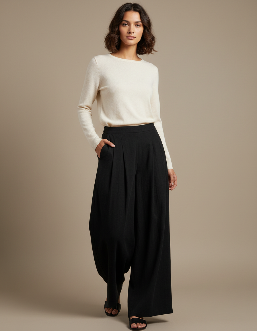 Pantalon Chinois Noir Ample Plissé Décontracté Fluide - Viscose