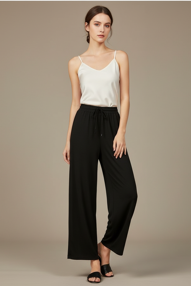 Pantalon Chinois Noir Fluide Ample Droit Élégant Femme - Viscose