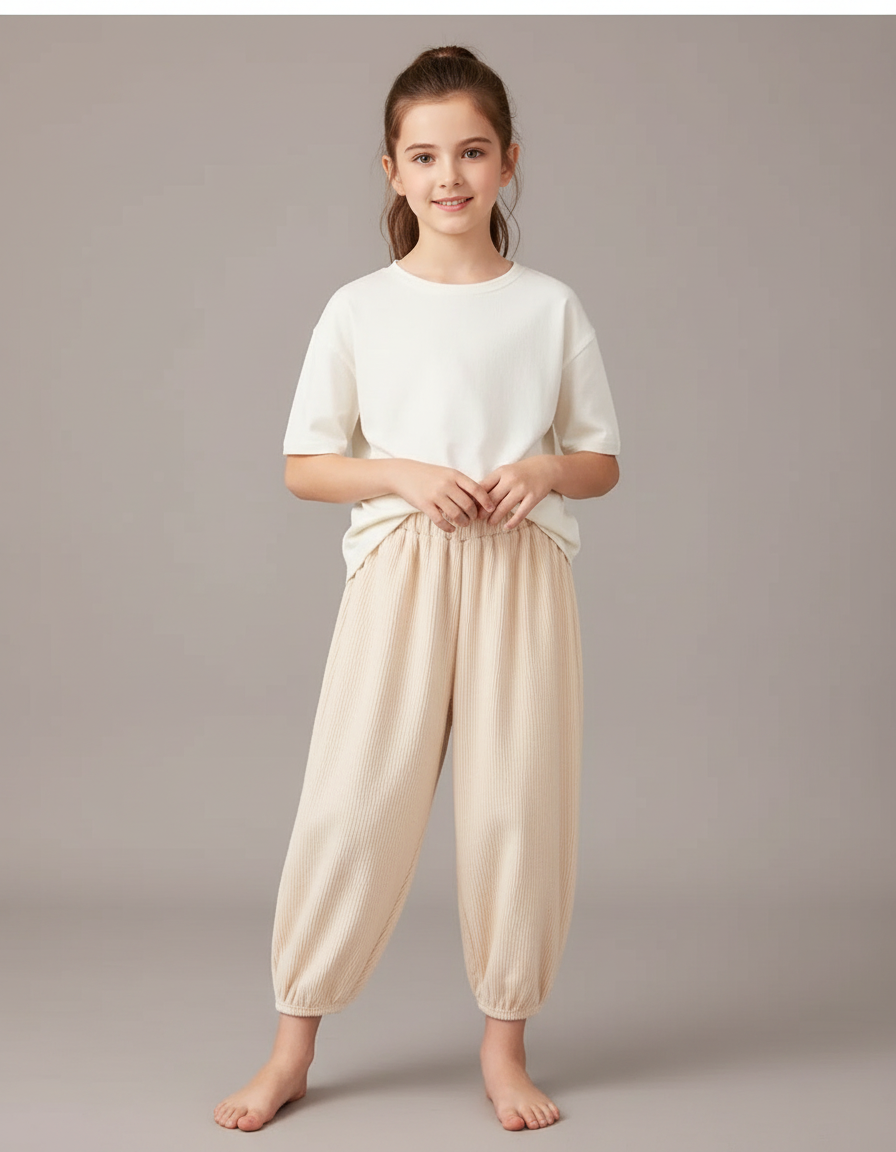 Pantalon Chinois Beige Côtelé Ample Confortable Enfant - Cordé
