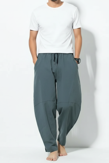 Pantalon Chinois Harem Ample Coton Lin Vert Homme