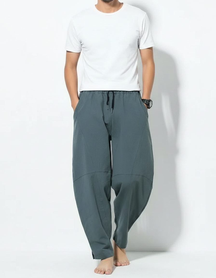 Pantalon Chinois Harem Ample Coton Lin Vert Homme