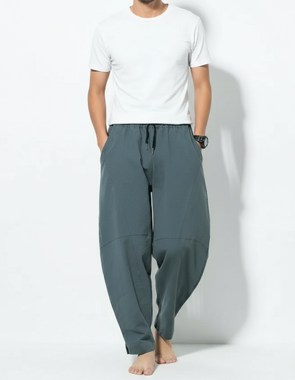 Pantalon Chinois Harem Ample Coton Lin Vert Homme
