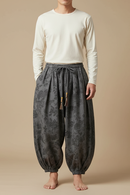 Pantalon Chinois Gris Fleuri Ample Cordon Décontracté - Coton