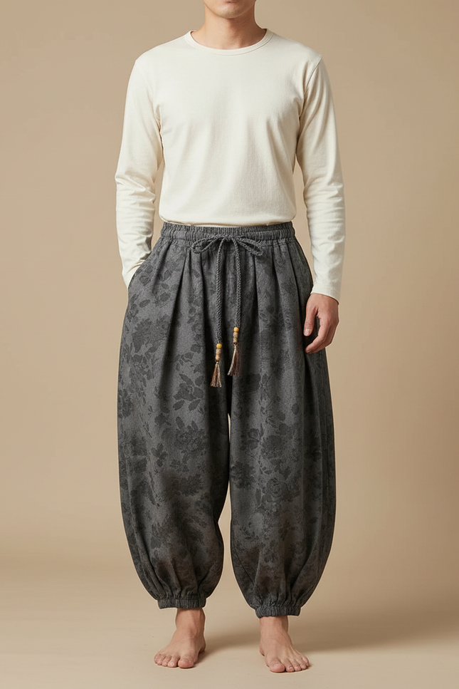 Pantalon Chinois Gris Fleuri Ample Cordon Décontracté - Coton