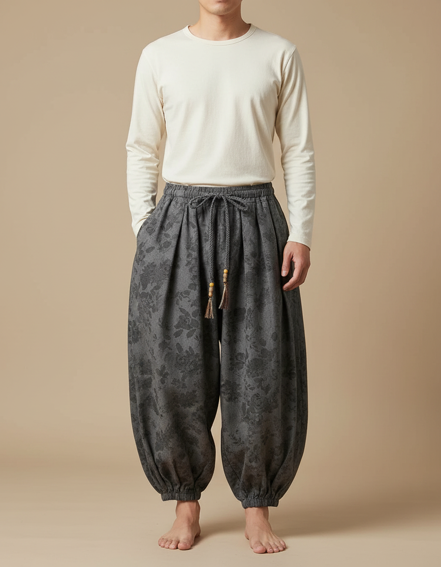 Pantalon Chinois Gris Fleuri Ample Cordon Décontracté - Coton