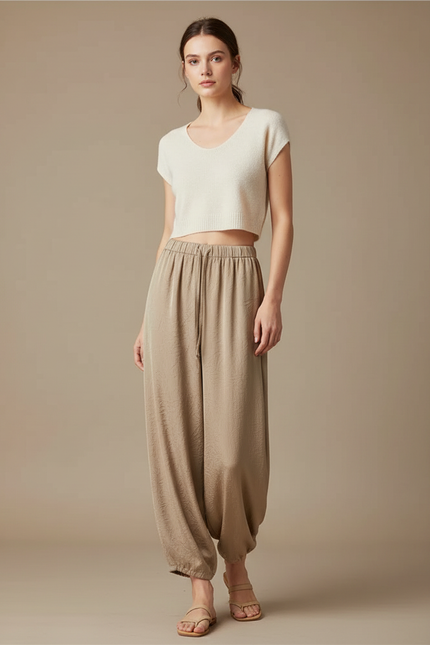 Pantalon Chinois Satin Beige Ample Fluide Décontracté