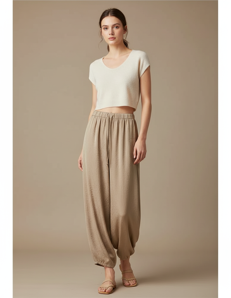 Pantalon Chinois Satin Beige Ample Fluide Décontracté