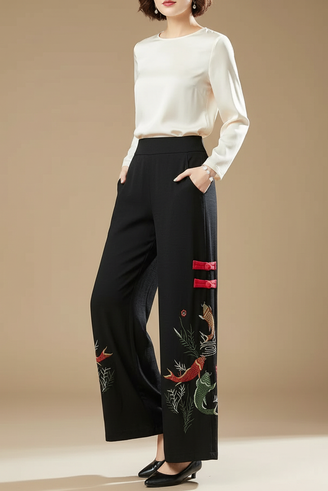 Pantalon Chinois Noir Brodé Ample Fluide Ethnique - Polyester
