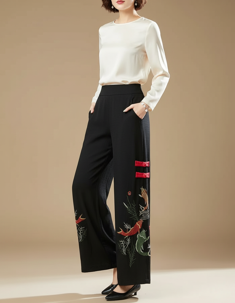 Pantalon Chinois Noir Brodé Ample Fluide Ethnique - Polyester