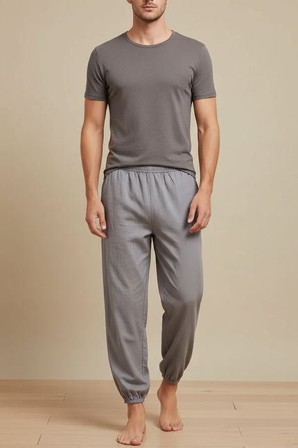 Pantalon Chinois Gris Ample Coton Élastique Décontracté