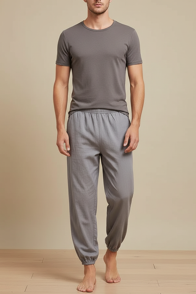 Pantalon Chinois Gris Ample Coton Élastique Décontracté
