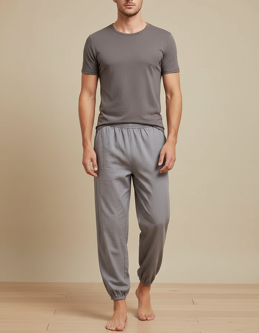 Pantalon Chinois Gris Ample Coton Élastique Décontracté