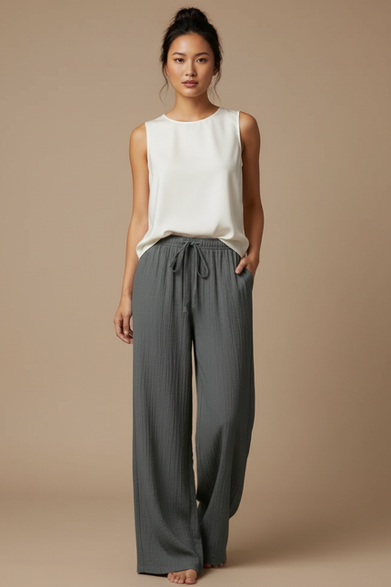 Pantalon Chinois Gris Ample Fluide Texturé Femme - Coton