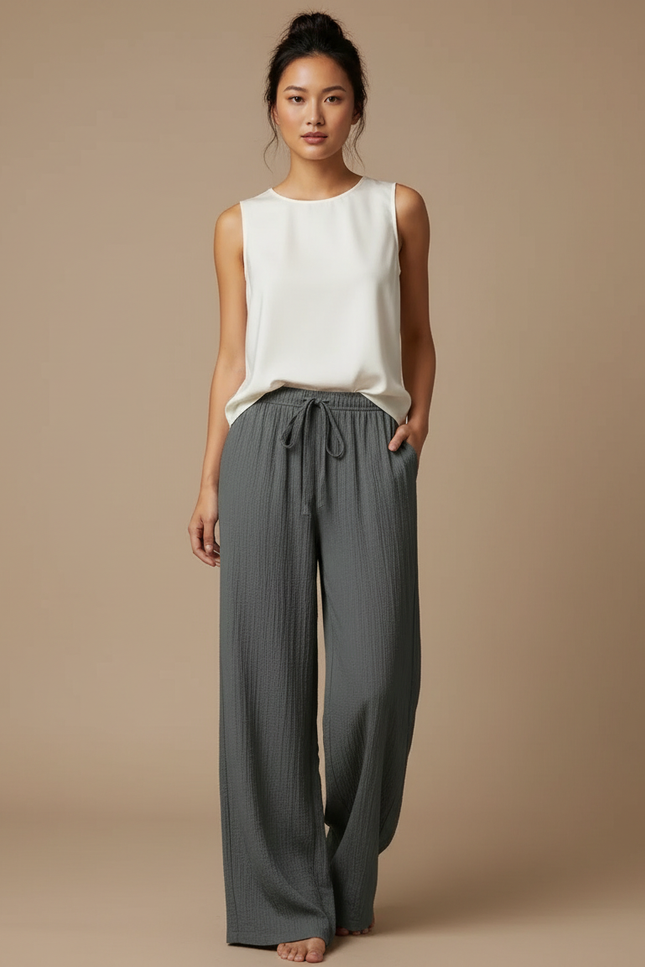Pantalon Chinois Gris Ample Fluide Texturé Femme - Coton