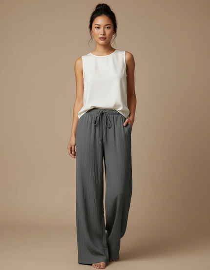 Pantalon Chinois Gris Ample Fluide Texturé Femme - Coton