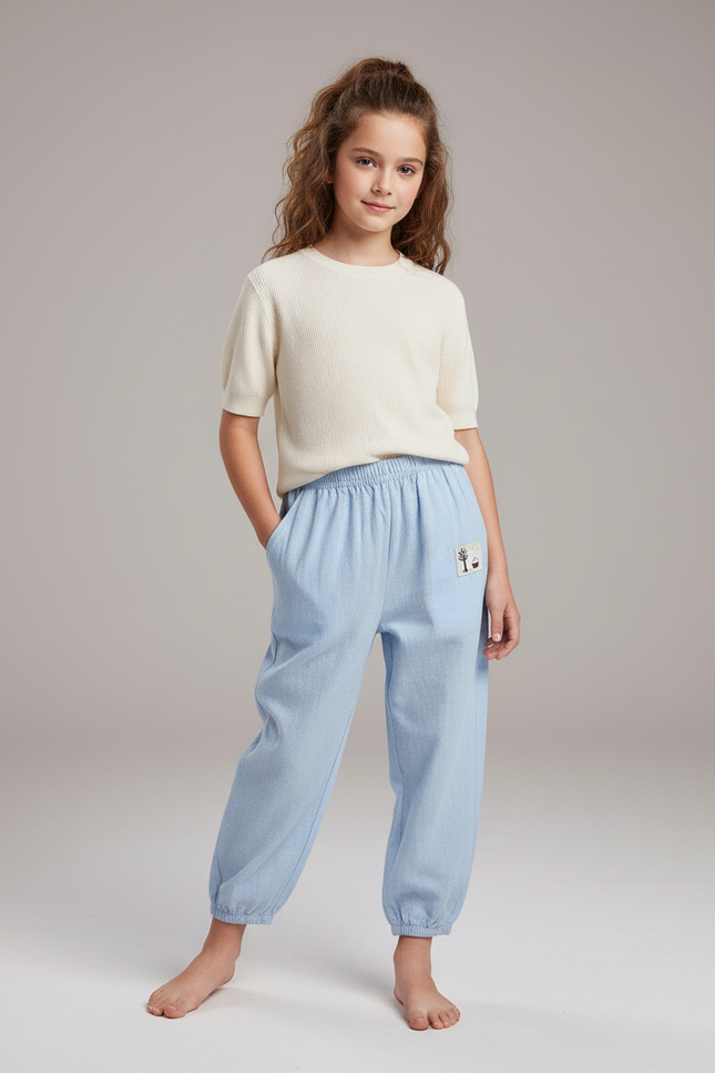 Pantalon Chinois Bleu Ciel Coton Ample Élastique Motif