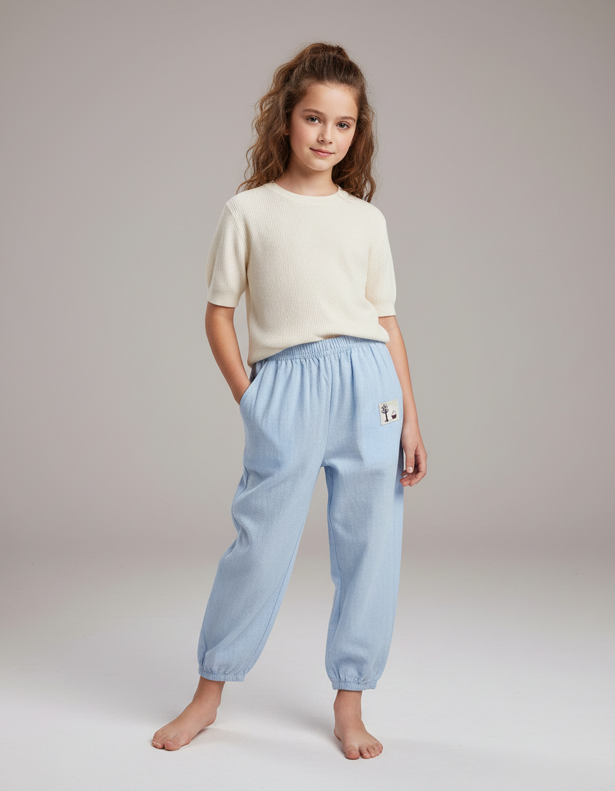 Pantalon Chinois Bleu Ciel Coton Ample Élastique Motif