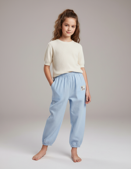 Pantalon Chinois Bleu Ciel Coton Ample Élastique Motif