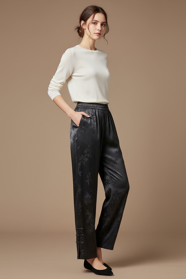Pantalon Chinois Satin Noir Jacquard Ample Élégant