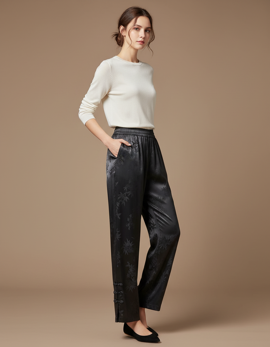 Pantalon Chinois Satin Noir Jacquard Ample Élégant