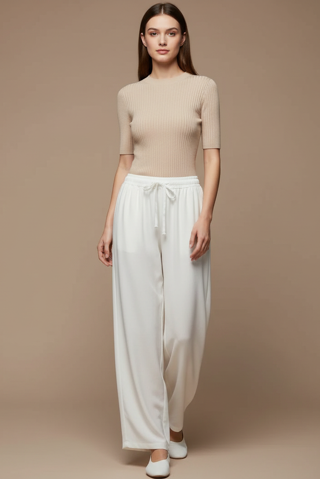 Pantalon Chinois Blanc Fluide Ample Cordon Confortable - Viscose