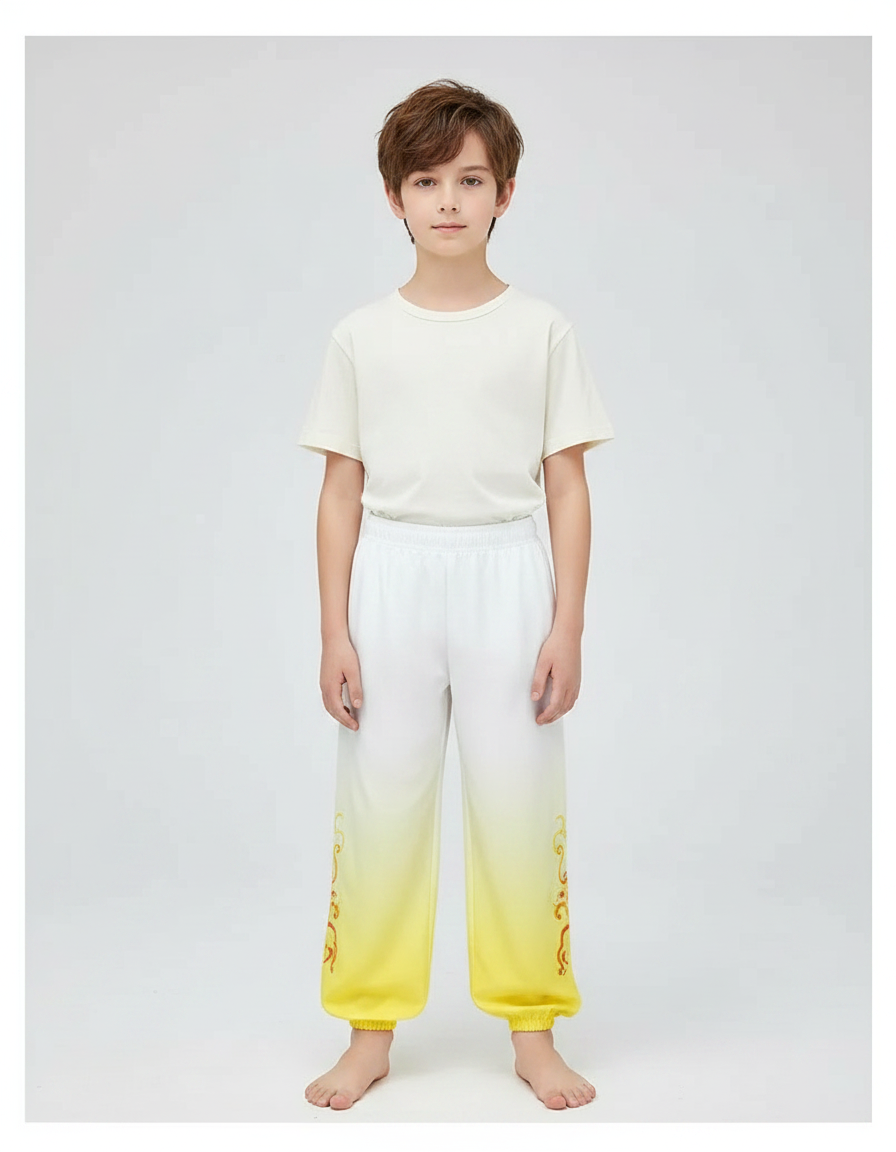 Pantalon Chinois Blanc Jaune Dégradé Ample Brodé Enfant - Multicolore Polyester