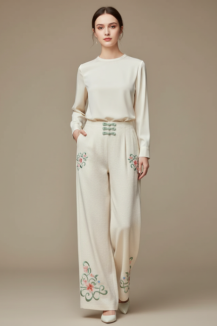 Pantalon Chinois Crème Brodé Floral Ample Élégant - Beige Tweed