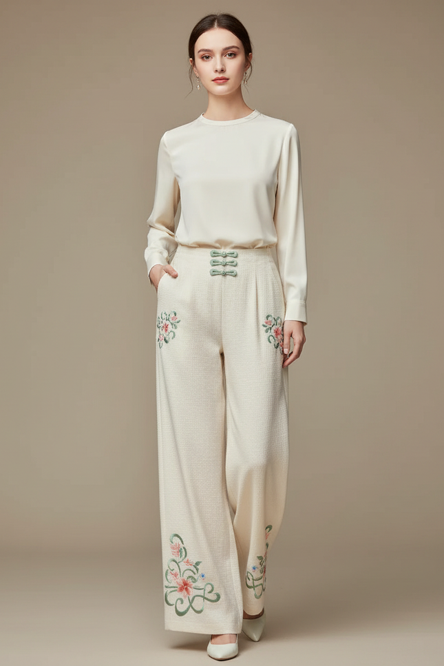 Pantalon Chinois Crème Brodé Floral Ample Élégant - Beige Tweed