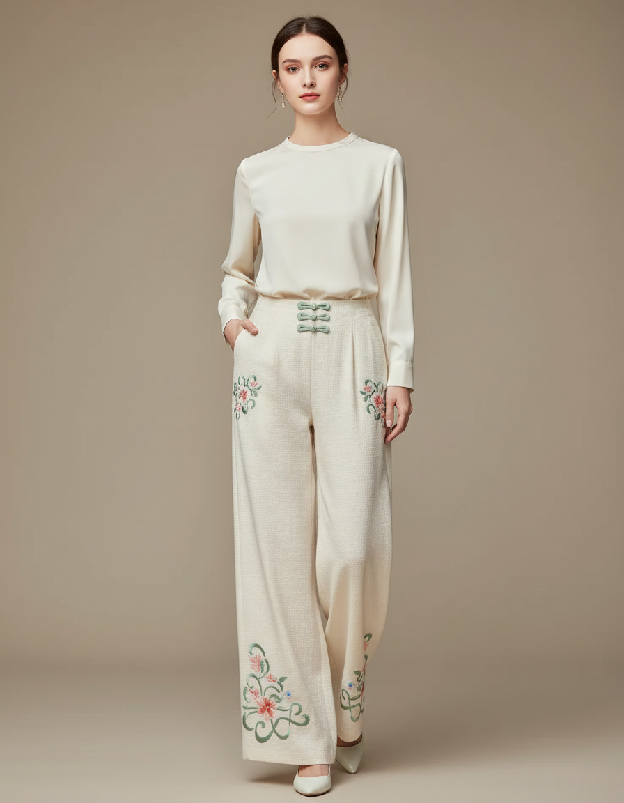 Pantalon Chinois Crème Brodé Floral Ample Élégant - Beige Tweed