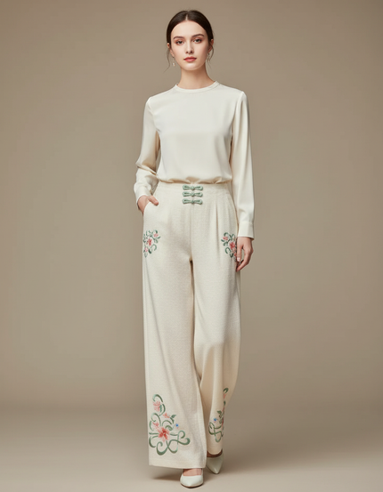 Pantalon Chinois Crème Brodé Floral Ample Élégant - Beige Tweed