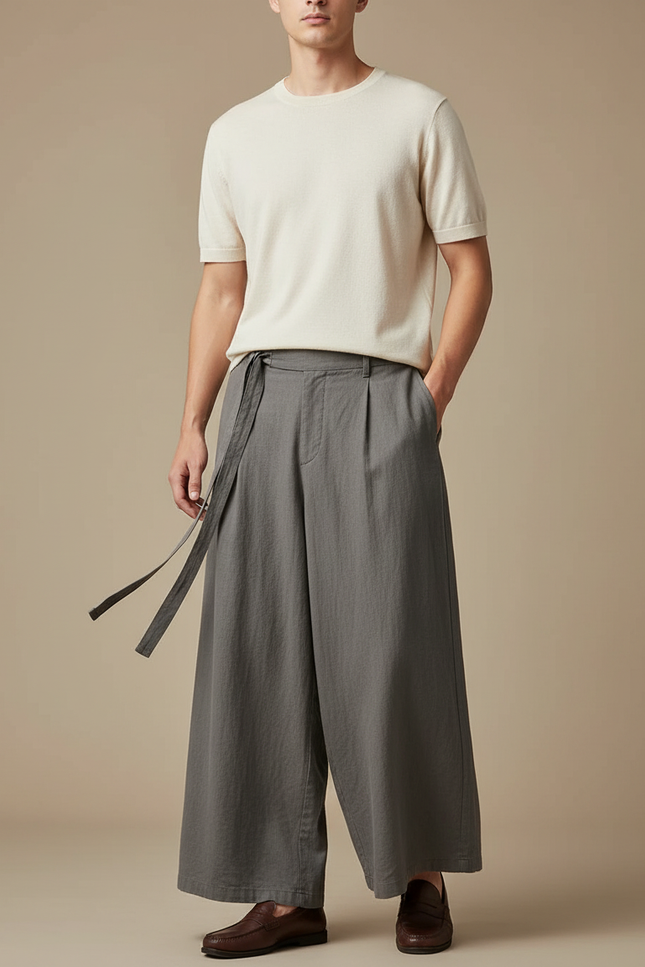Pantalon Chinois Gris Ample Coton Lin Ceinture