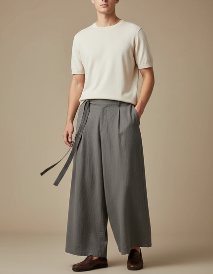 Pantalon Chinois Gris Ample Coton Lin Ceinture