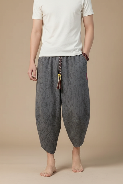 Pantalon Chinois Gris Ample Coton Lin Décontracté Motif