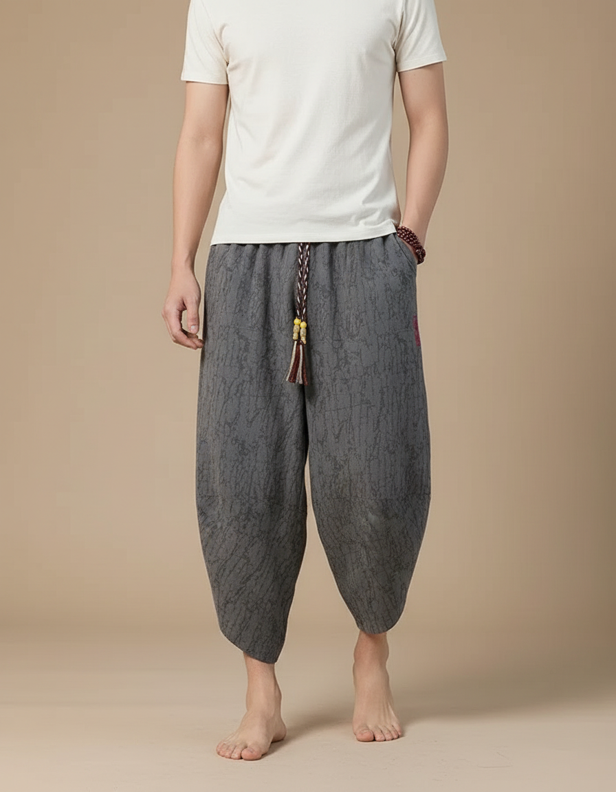 Pantalon Chinois Gris Ample Coton Lin Décontracté Motif