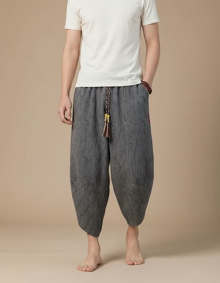 Pantalon Chinois Gris Ample Coton Lin Décontracté Motif