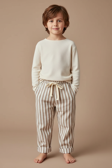Pantalon Chinois Rayé Vertical Ample Coton Enfant - Marron Molleton