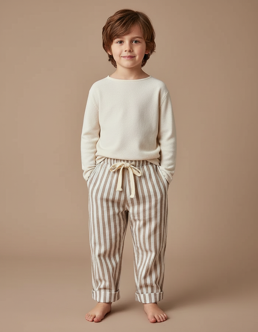 Pantalon Chinois Rayé Vertical Ample Coton Enfant - Marron Molleton
