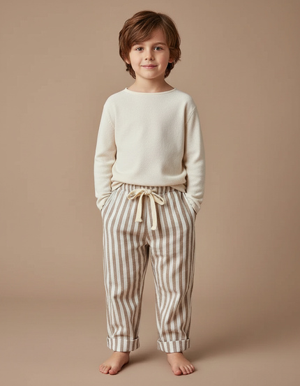 Pantalon Chinois Rayé Vertical Ample Coton Enfant - Marron Molleton